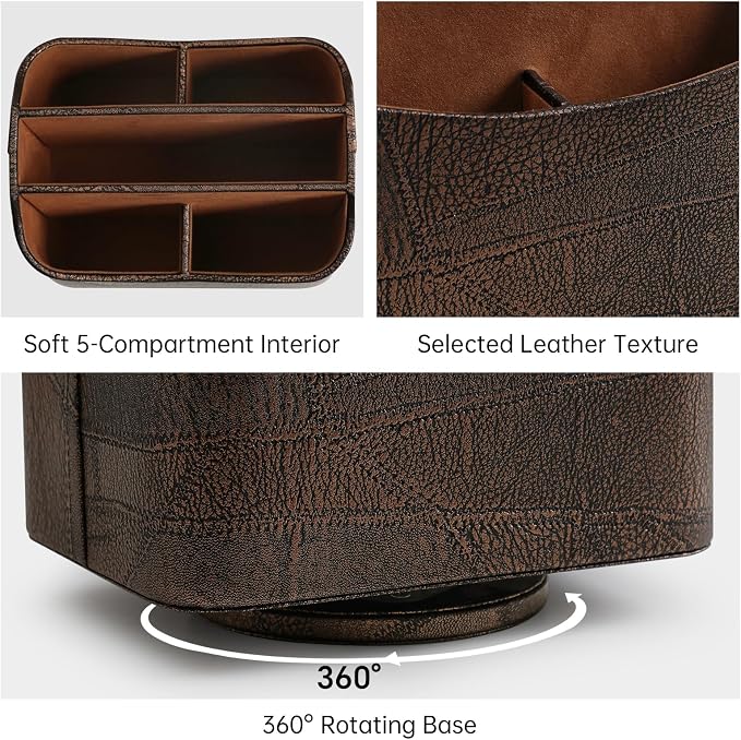 PU Leather Remote Control Holder, 360 Degree Rotating Desk Organizer Luxury Desktop Storage Rack, Rotating Bedside Storage Box for Desktop Office Living Room Bedroom (Brown Vintage)