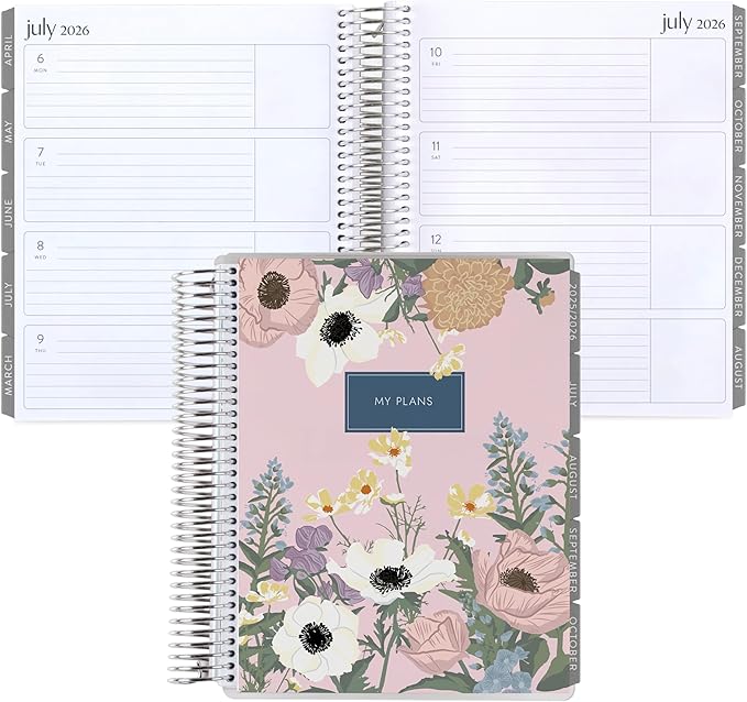 7x9 Coiled Life Planner (January 2026 - December 2026) - Bouquet classic cover, horizontal layout, Minimal theme, platinum coil