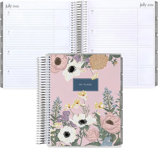 7x9 Coiled Life Planner (January 2026 - December 2026) - Bouquet classic cover, horizontal layout, Minimal theme, platinum coil
