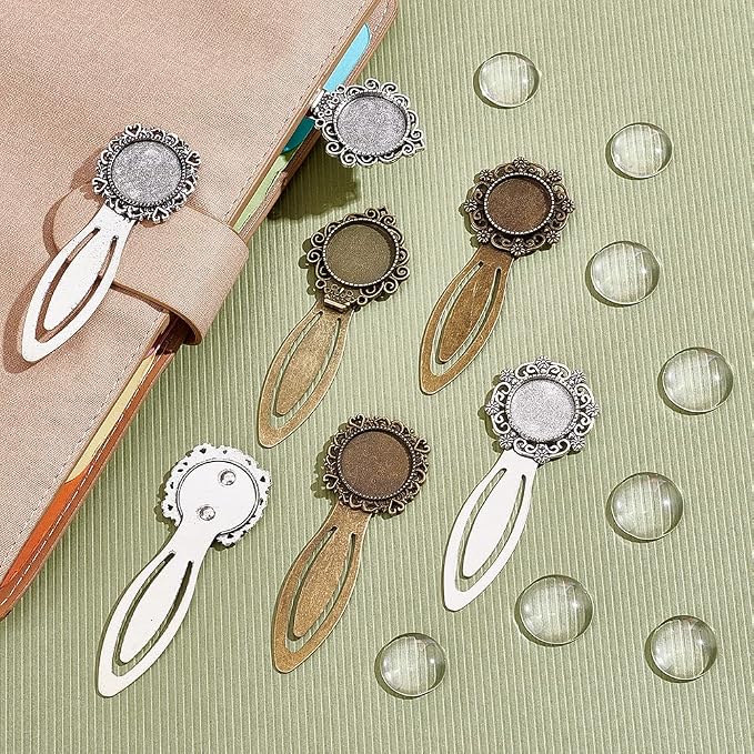 NBEADS 24 Pcs 3 Styles 2 Colors Bookmark Pendant Tray Kit, Including 12 Pcs Tibetan Style Bookmark Cabochon Settings 12 Pcs Dome Transparent Glass Cabochons for Reading Gift Crafting DIY Bookmark