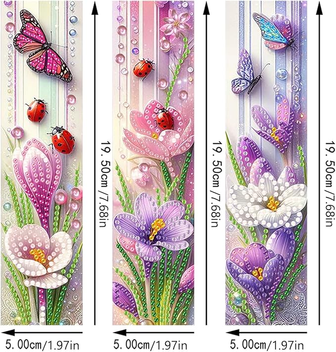 ARTopet 3Pcs DIY Diamond Art Painting Bookmarks with Colorful Butterfly Pendant PET Bookmark Ornament Double Sided Pattern Single Sided Diamond Book Marker Clip Gifts Tags-Flowers05