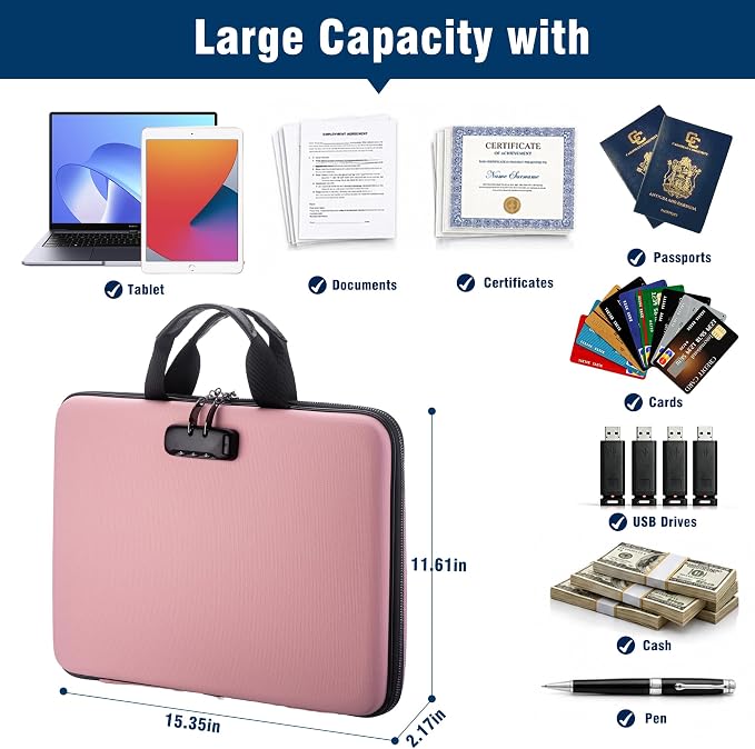 Fireproof Document Box with Lock, Hard-Shell Case Fireproof File Organizer with 13 Pocket Accordion File Folder, Portable Home Office Travel Safe Storage for Important Documents Laptop