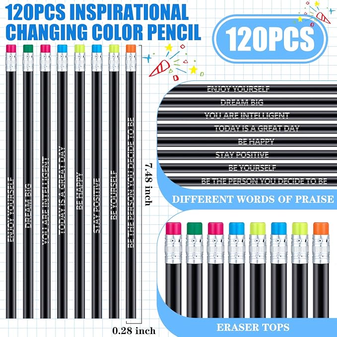 240 Pcs/120 Set Inspirational Pencil Bookmark Gift Thermochromic Color Changing Pencil Bulk with Eraser Motivational Bookmark Back to School Gifts for Kids Students Teacher Classroom Party Favors