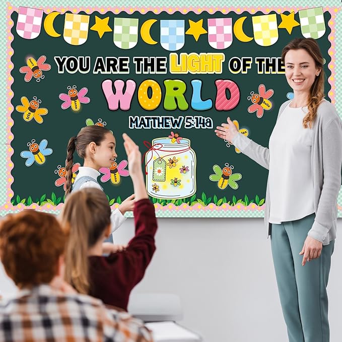 Christian Religious Bulletin Board Let Your Light Shine Bible Verse Bulletin Board Decorations Mason Jar Cutouts Firefly Name Tags for Sunday School Church Back to School Chalkboard Door Supplies