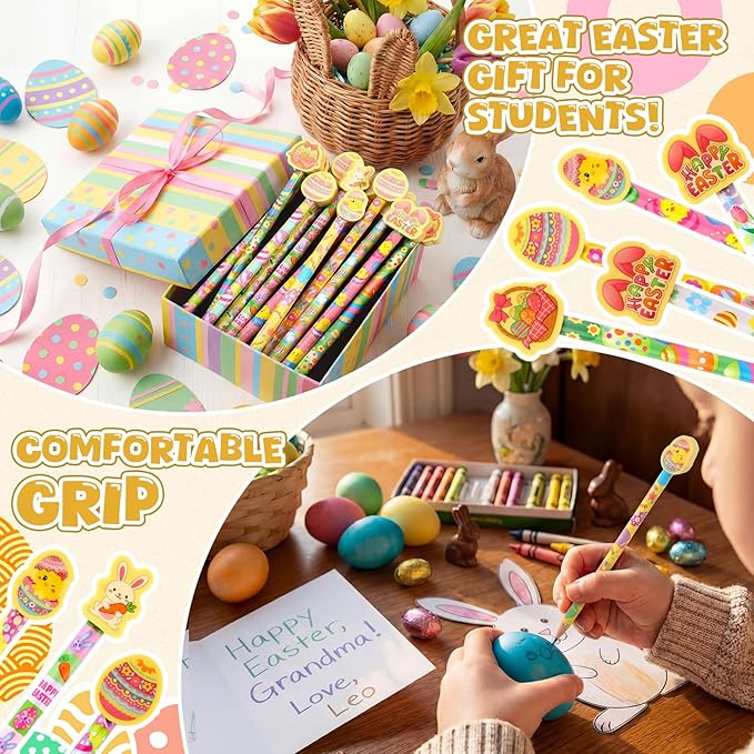 Gersoniel 36 Pcs Easter Pencils Set 18 Bunny Pencils 18 Happy Easter Erasers for Kids Student Classroom Rewards Basket Stuffers Party Favors School Gift Exchange Goodie Bags Filler Stationery