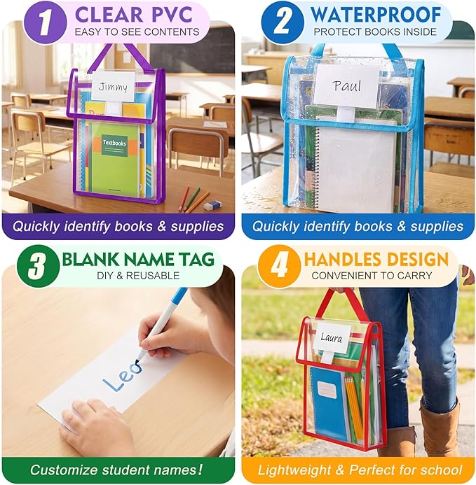 Teling 6 Pack Thick Clear Book Pouches with Blank Name Tags and Handles Book Baggies Bags Bins Organizer for School Classroom Library Pockets Students (10 x 12 Inch,Bright Color)