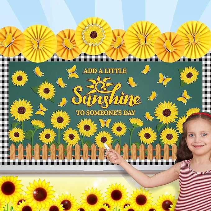 Janlaugh 72 Pcs Sunflower Bulletin Board Decorations with Paper Fans Summer Butterflies Flowers Classroom Bulletin Board Set Sunflower Cutouts for Classroom Office Window Wall Back to School Decor