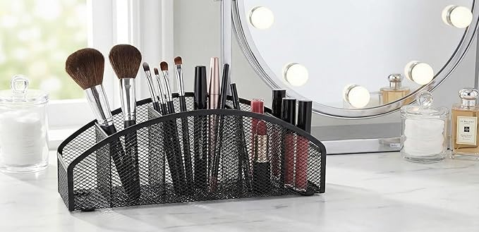 5-Tier Desk Organizer & Pen Holder, Large-Capacity Metal Mesh Pencil Cup, Cute Aesthetic Desktop Caddy for Markers, Art Supplies, Makeup Brushes, Black