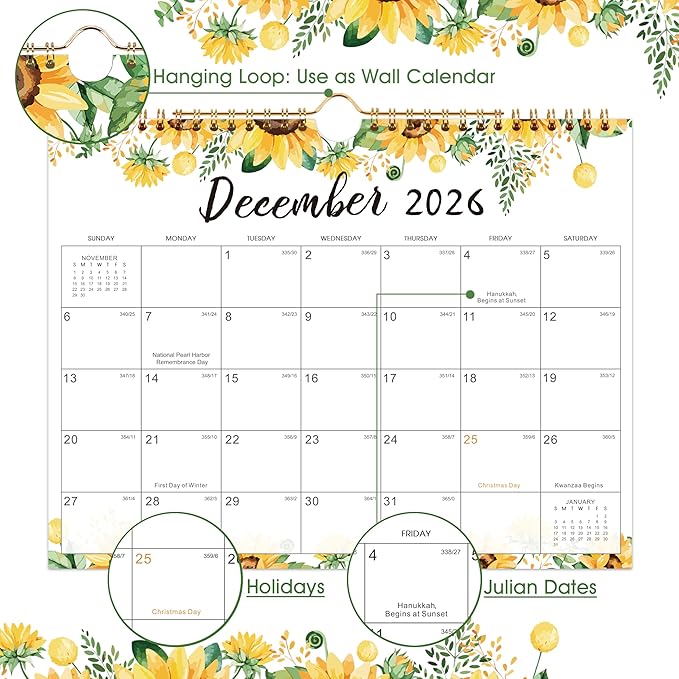 Calendar 2026-2027 - July 2026 - December 2027, Wall Calendar 2026-2027, 11" x 8.5", 18 Months Wall Calendar, Writing Blocks, Julian Dates, Spiral Bound