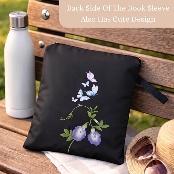 The Story Satchel Book Sleeve with Spacious Front Pocket - A Waterproof Protector Book Bag Pouch with Zipper - Perfect Book Lovers Gifts for Hardcover or Paperback (Butterfly Black)