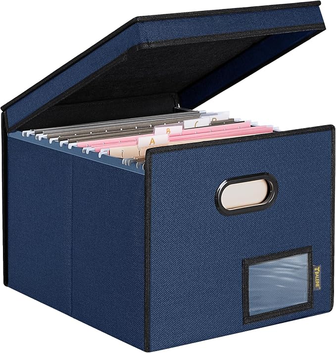BALEINE File Organizer Box with Lid, Collapsible File Folder Organizer with Plastic Slide, Hanging File Folder Box for Office Document Storage (Tab Friendly, 1 Pack, Blue)