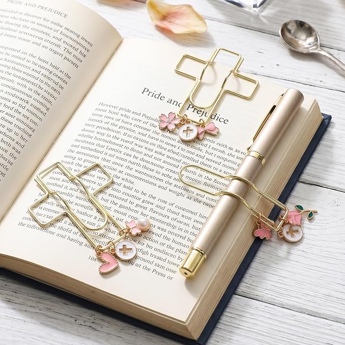 Wxiben Cross Paper Clip Bookmark - 3 Pcs Flower Bow Metal Paperclip Pen Holder Book Mark with Charms Page Marker Planner Decorative Paper Clips Gifts for Women Reading Book Lover School Accessories