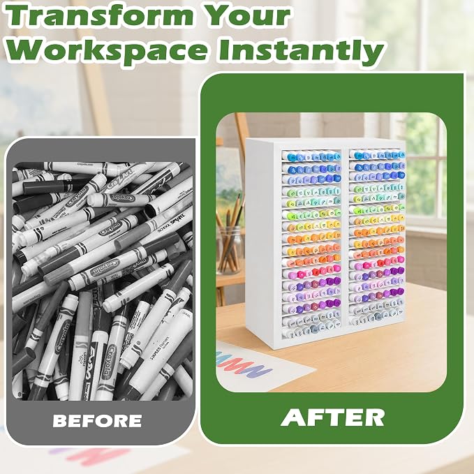 PROLEE Marker Organizer for 224 Markers,Wooden Marker Holder with 32 Slots, Pens Pencils Art Supply Alcohol Markers Storage Organizer for Desk Home Classroom Office Decor (White,15“x11”x5.2 “)