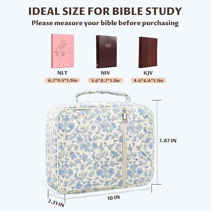 shirabags Quilted Bible Cover Case for Women - Elegant Cotton Bible Bag for Study, Church, Christian Gifts for Women(Blue Floral, M)