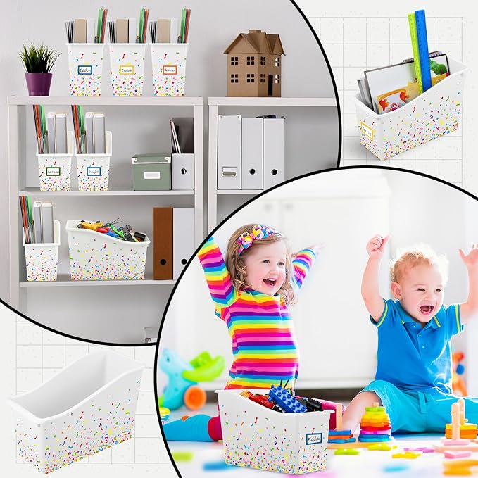 Jinei 24 Pack White Book Bins for Classroom Bulk Confetti Book and Binder Holders with Name Labels Assorted Color Plastic Classroom Organization Basket Box Teacher Storage Bins for Home Office