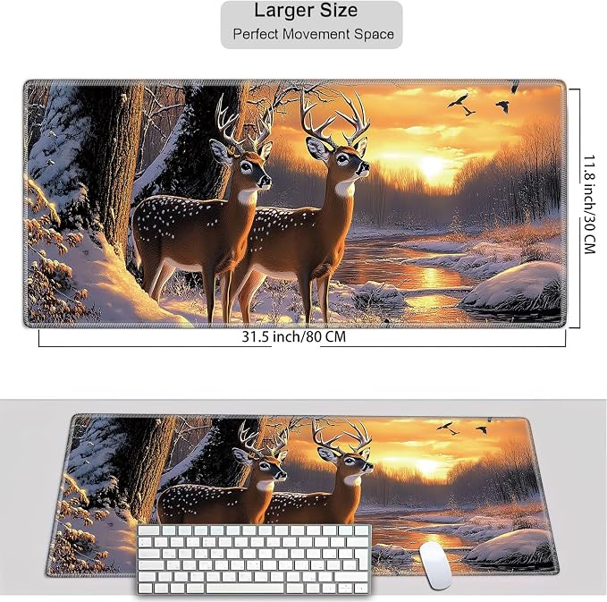 Mouse Pad Gaming Mousepad 31.5x11.8 Inch XXL Large + Coasters,Desk Mat with Stitched Edges, Non-Slip Rubber Base, Thick Mouse Pad for Computer, Laptop, Office & Home - Deer