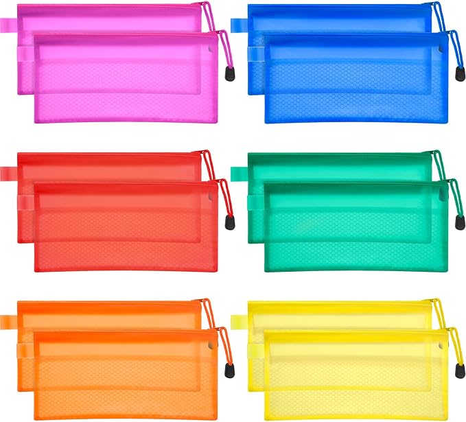 Bememo 12 Pcs Mesh Zipper Pouch Bags Pencil Pouch Zipper File Bags Waterproof Plastic Double Layer for Pen Cosmetics Office Supplies Travel Accessories 6 Colors