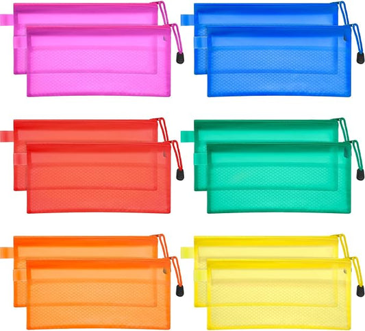 Bememo 12 Pcs Mesh Zipper Pouch Bags Pencil Pouch Zipper File Bags Waterproof Plastic Double Layer for Pen Cosmetics Office Supplies Travel Accessories 6 Colors