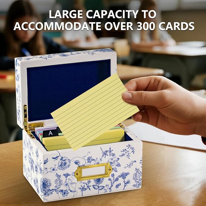 3x5 Index Card Holder, Leather Organizer Box with 300 Flash Cards, 30 Plastic Dividers & 2 Letter Stickers,Flash Recipe Card Holder Box for Home Office Kitchen (Index Card Holder-A)