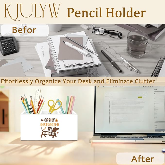 Funny Dachshund Pen Holder for Desk, Weiner Dog Gifts for Women Men, Easily Distracted by Wieners Wooden Box Pencil Pen Holder Organizer for Home Office Desk Accessories