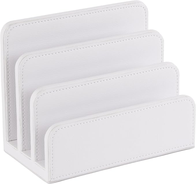 OSCO Faux Leather Mail Sorter & Envelope Organiser – Desk File Storage Stand with Display Slots – Modern Letter Holder Tray Minimalist Home & Office – White