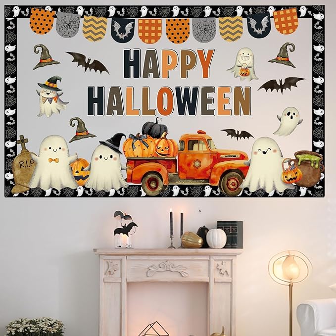 Justforjoyful Halloween Bulletin Board Set Vintage Ghost Evil Pumpkin Bat Bulletin Board Happy Halloween Cutouts Classroom Wall Decor for School Home Chalkboard Fall Party Supplies