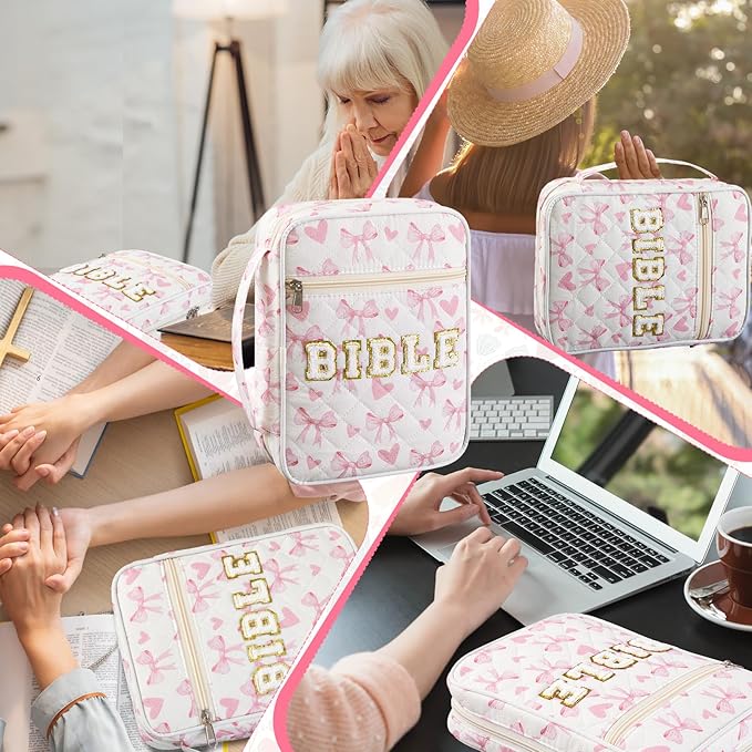 Sinload Quilted Bible Cover Case for Women Large Carrying Bag with Organizer Tabs 6 Colored Pens 6 Highlighters Book Tote Bags with Handle Bible Carry Supplies Christian Gifts(Pink Bow Heart)