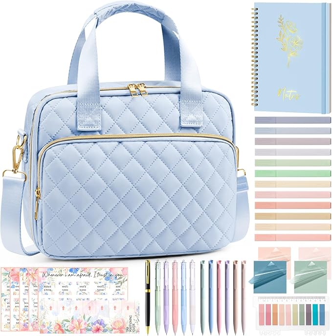 Bible Cover Case for Women, Large Bible Bag Bible Study Supplies Accessories Journaling Kit with Highlighters Tabs, Quilted Book Carrying Cases with Shoulder Strap, Christian Easter Gifts for Women