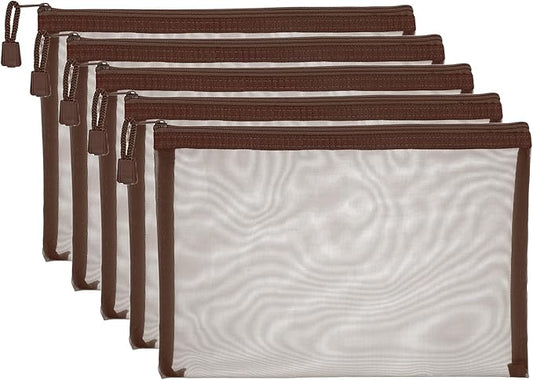 PATIKIL A5 Mesh Zipper Pouch Bags, 5 PCS Mesh Bags with Zipper Plastic Storage Pocket for Organizing File Beads Office Home Supplies, 18x25cm, Brown