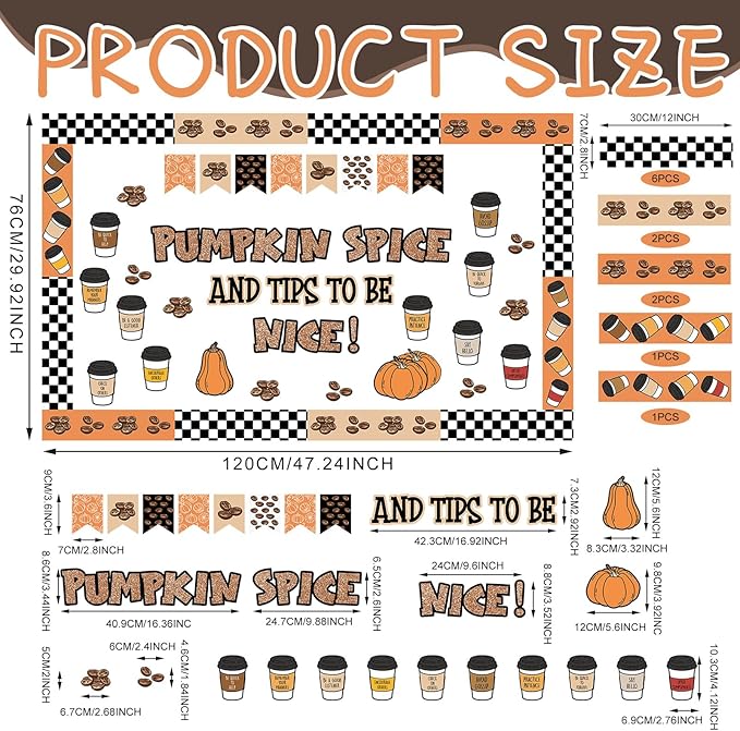 Honoson Fall Thanksgiving Coffee Bulletin Board Decorations Set Coffee Cup Bulletin Board Classroom Decoration Autumn Pumpkin Spice Paper Cutouts for Thanksgiving Fall Party Blackboard Wall Decor