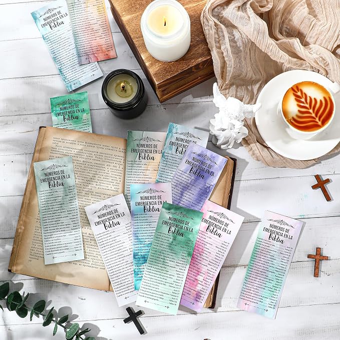 Motiskyy 100 Pcs Spanish Bible Emergency Numbers Bookmark Christian Church Gift 6 x 2.36 Inches Religious Fathers' Day Gift for Church Favor Welcome Sunday School Teacher(Watercolor)