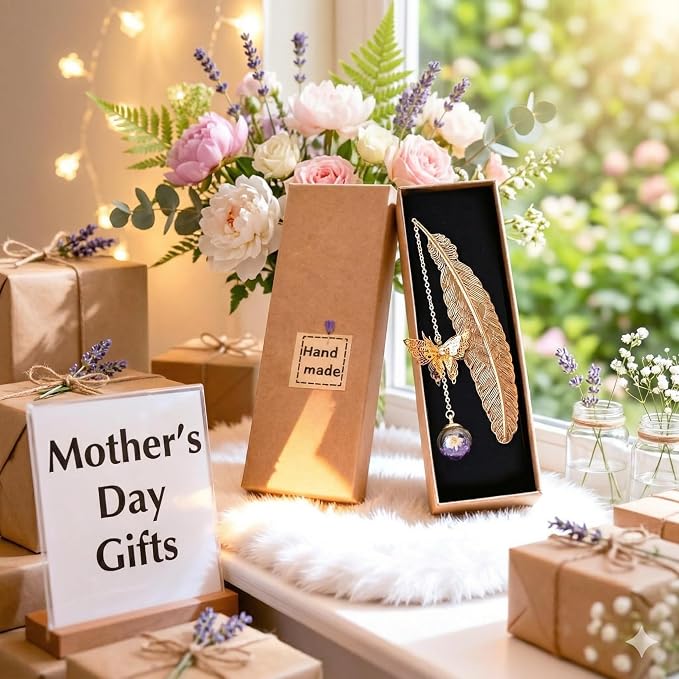 Teacher Retirement Gifts - Metal Feather Bookmark with 3D Butterfly & Real Dried Flower Pendant - Bookmark for Women & Book Lovers Under 10 Dollars - Gift Box Included