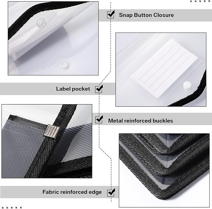 10 Pieces Plastic File Folders Envelope Expanding File Wallet Organizer Documents Folder with Snap Closure and Pocket B4 Waterproof Transparent Pouch for School Office(Black, White,Horizontal)
