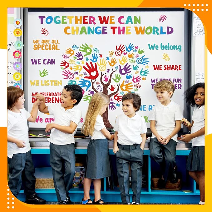 Dispowreath 131 Pcs Colorful Diversity Bulletin Board Set Diverse Handprint with Tree Cutouts Inspirational Diversity Classroom Decorations for Welcome Back to School Classroom Door Bulletin Board