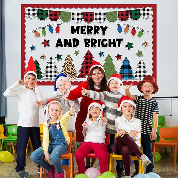 Christmas Classroom Bulletin Board Set Merry and Bright Light Bulb Plaid Xmas Tree Cutouts Retro Christmas Bulletin Board Decorations Xmas Winter Classroom Decor for Home Wall School Party Supplies