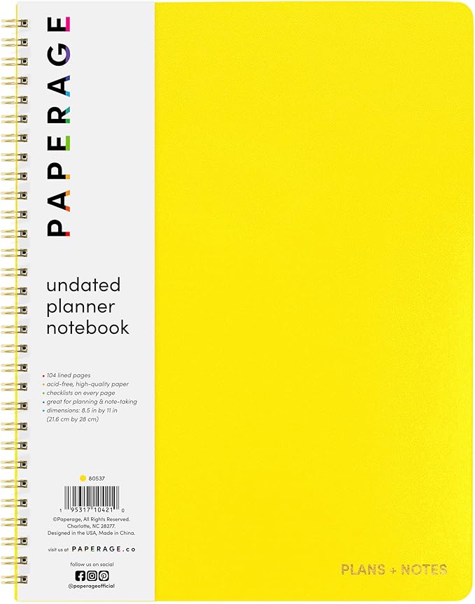 PAPERAGE Undated Daily Planner & To Do List Notepad (Yellow), 8.5 in x 11 in, Spiral Bound Planner Notebook for Work, School or Home, 104 Lined Pages With Date Tracker for Plans & Notes