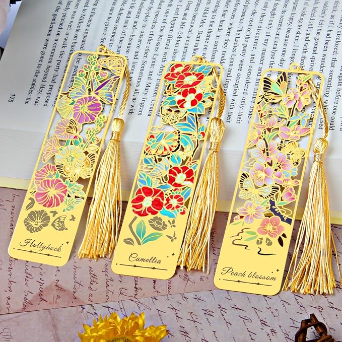 3pcs Metal Flower Bookmarks with Tassel, Goden Hollow Butterfly Theme Book Marks for Reading Women, Cute Book Markers for Book Lovers Writers Readers Teens Women Teachers Students (Style B)