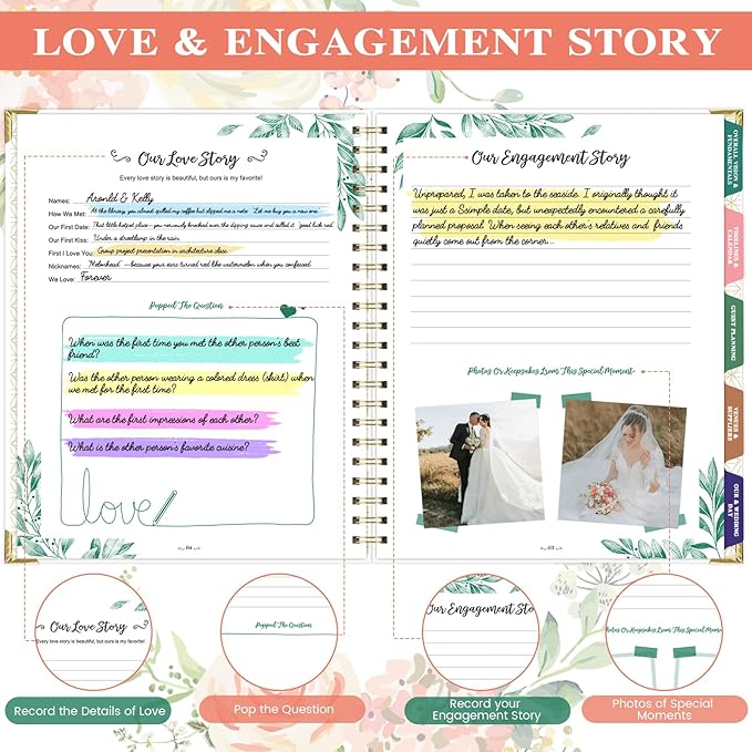 Wedding Planner Book and Organizer - Wedding Planner, Wedding Planners for Bride with 5 Tabbed Sections, 9" x 11.9", Countdown Calendar, Metal Corner, 5 Inner Pockets, Elastic Closure - Floral