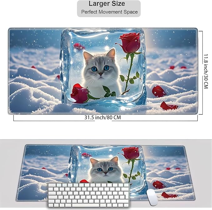 Mouse Pad Gaming Mousepad 31.5x11.8 Inch XXL Large + Coasters,Desk Mat with Stitched Edges, Non-Slip Rubber Base, Thick Mouse Pad for Computer, Laptop, Office & Home - Ice Cube Rose Cat