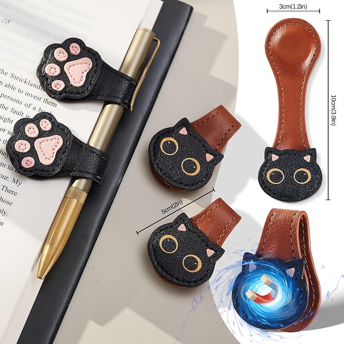2Pcs Magnetic Leather Bookmarks with Gift Box Magnetic Pen Holder Book Marks Clip Gift for Book Lover Readers Men Women Teachers Students, Cat (Brown+Brown)