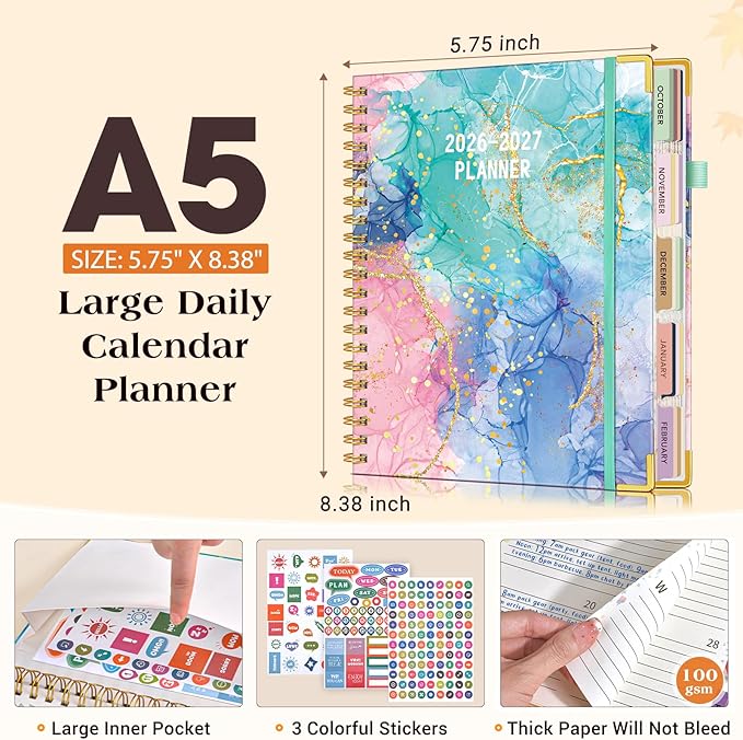 Planner 2026-2027, 18 Months Weekly and Monthly Daily Planner from January 2026 - June 2027, 5.75" x 8.38" A5 Hardcover Agenda Organizer Book 2026 with Tabs, Spiral Yearly Calendar Planners for School Work Home, Pink Blue Marble