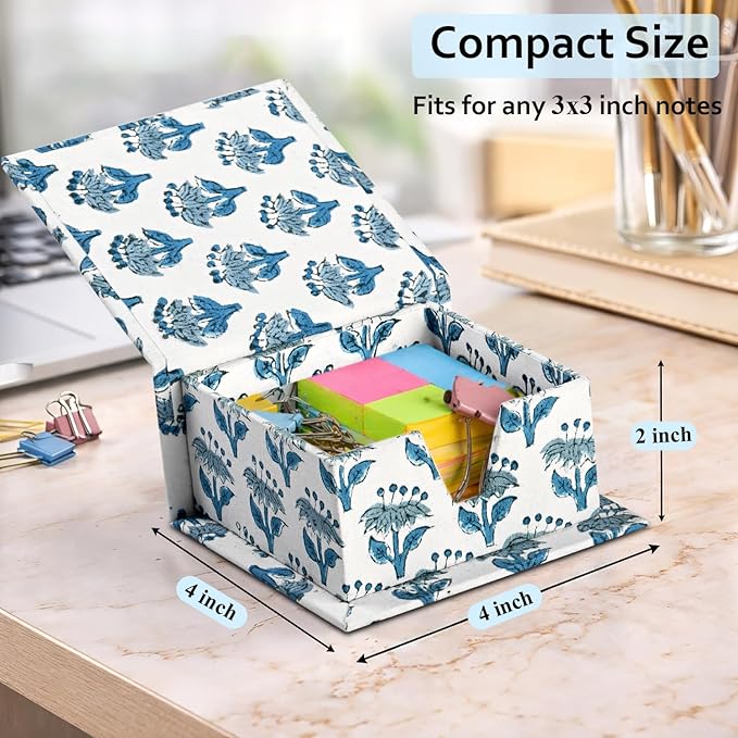 CPC Apatite Blue Block Print Cotton Desk Organizer Sticky Note Holder, 4'' X 4'' X 2'' Cute, Aesthetic, Decor Accessories, Workspace Organizers, Caddy Storage, Gift for Office, Professionals, Student