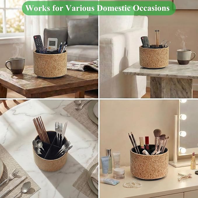 Round Leather Art Supply Organizer,Remote Control Holder,360 Degree Spinning,Multi-Functional Pencil Holder,4 Compartments Desktop Stationary Organizer(1-Soft Yellow)
