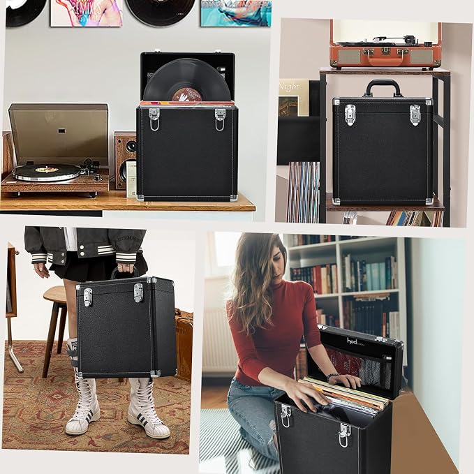 Hododou Vinyl Record Storage Box with Lock Record Organizer Storage for 30+ Single Records 12-inch Water Resistant Collapsible Storage Crate with Lid Handle Mesh Pouch for Valuable Album Collection