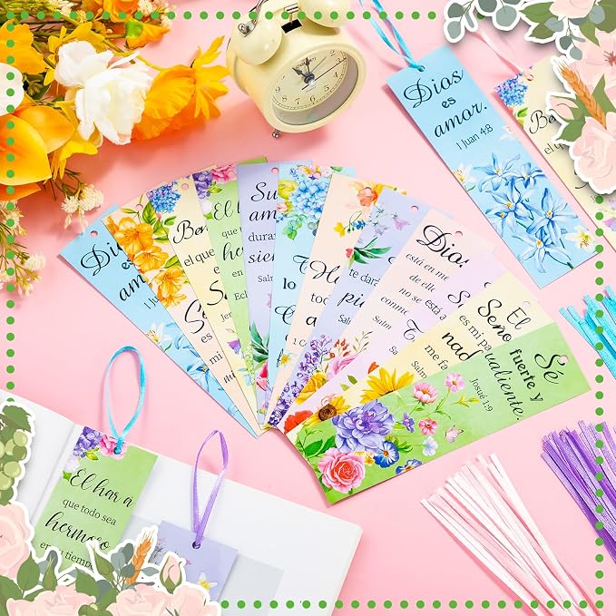 Skyygemm 120 Pcs Spanish Religious Bible Verse Bookmarks Bible Separators Spanish with Colored Rope Separadores De Biblia En Español Inspirational Christian Bookmarks Gifts for Women Church Prayer