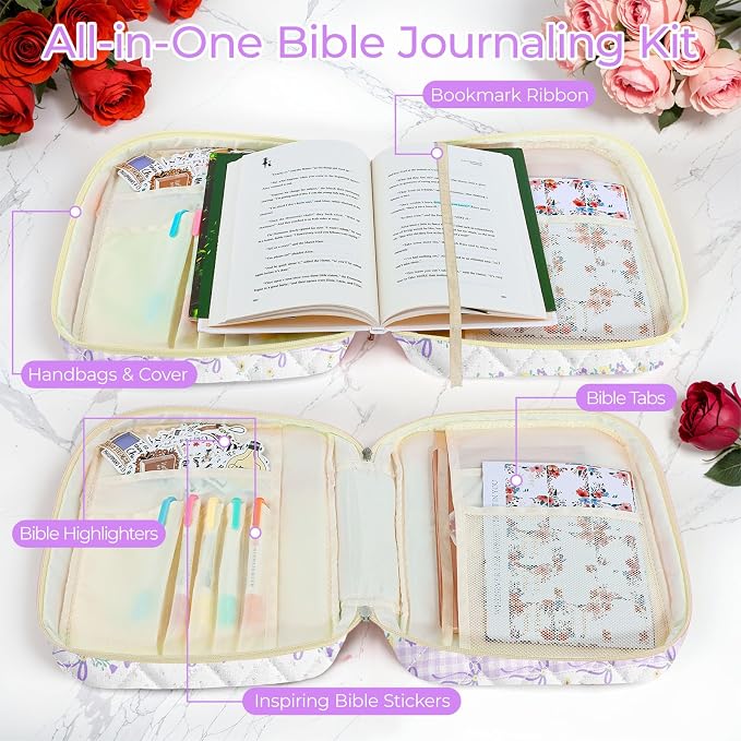 WOBAGMEN Bible Cover Case for Women,Large Bible Tote Bags Organizer Quilted Carrying Case for Girls,Bible Study Supplies Accessories Christian Gifts for Women (Purple Bow Floral pin, M)