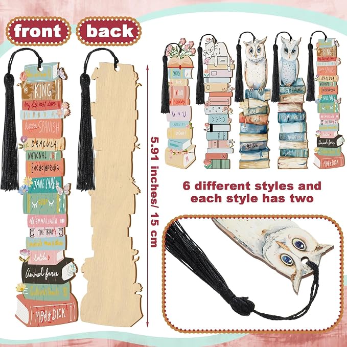 Colarr 12 Pcs Wood Bookmarks for Woman Book Club Gift for Book Worms Books Lovers Bookmarks Bulk with Tassels for Reading Party Favors Books Exchange Club Men & Women Friends(Modern)