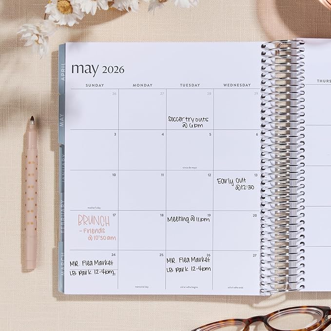7x9 Coiled Life Planner (January 2026 - December 2026) - Bouquet classic cover, hourly layout, Minimal theme, platinum coil