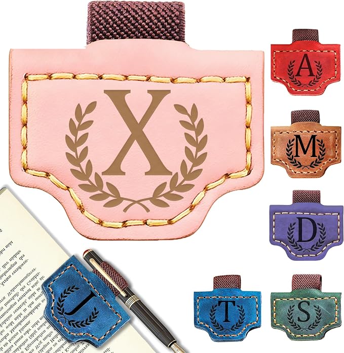 Personalized Leather Magnetic Bookmark with Pen Holder, Bookmark 26 Letters Name Initial Bookmarks for Readers, Book Lover Gifts for Women Men Notebook Accessories (Pink, X)