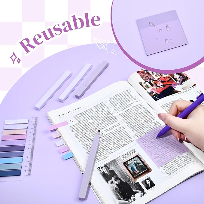 14 PCS Aesthetic Book Annotation Kit Large Checkered Pencil Case Book Lover Bookmark Dual Highlighters Gel Pens Study Supplies Stationary Set for Student Purple